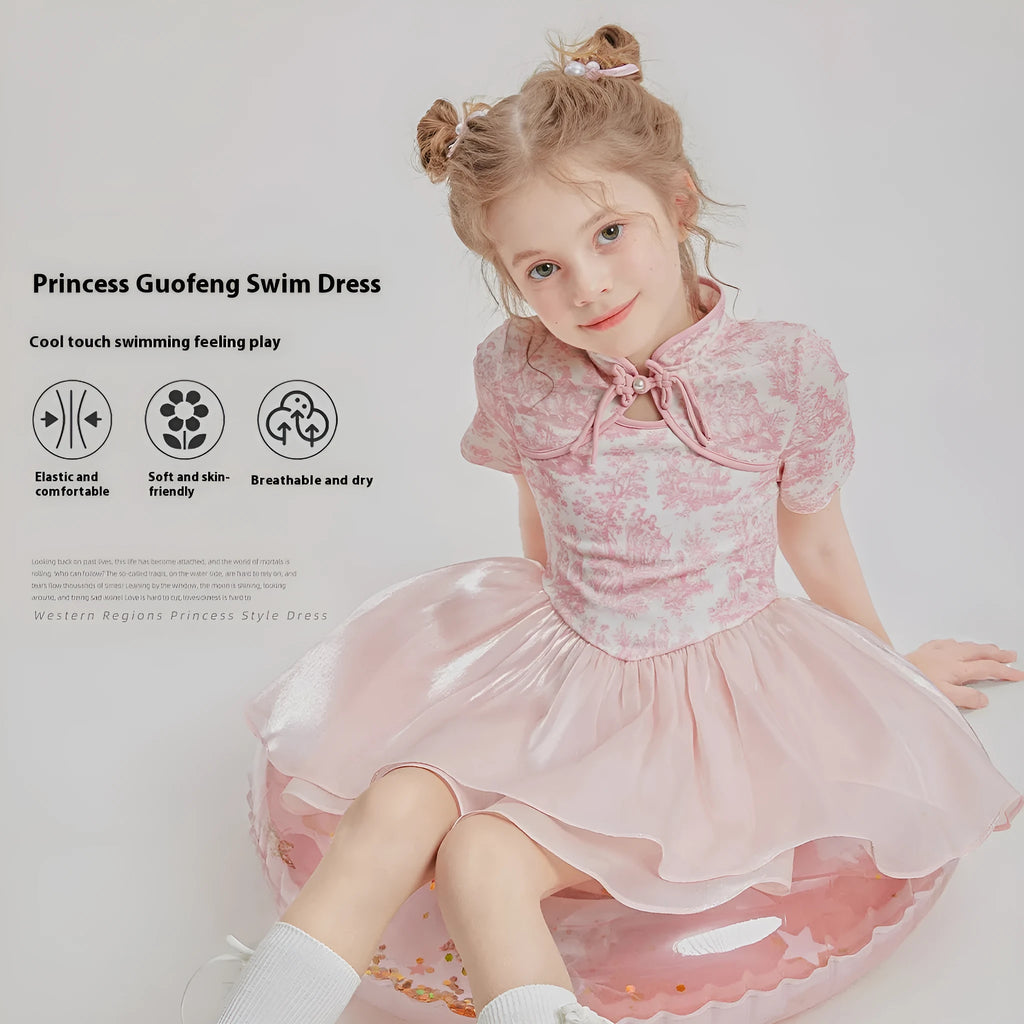 Children's patchwork two-piece swimsuit set with dress and briefs in suit colour