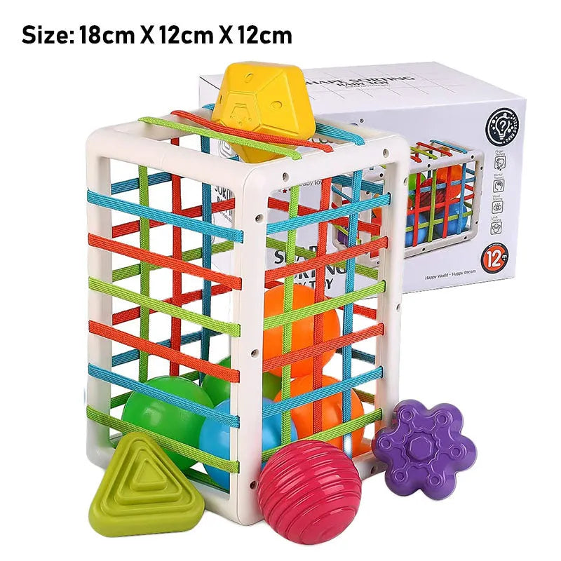 Infant Montessori toy with six plastic shape blocks in rainbow colours on elastic ropes for grip training