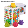 Infant Montessori toy with six plastic shape blocks in rainbow colours on elastic ropes for grip training