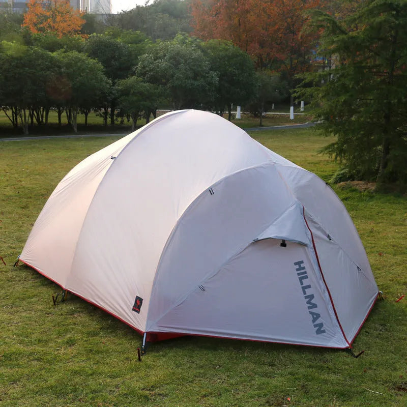 Outdoor multi-person grey tent with aluminium poles, nylon flysheet, and rain protection