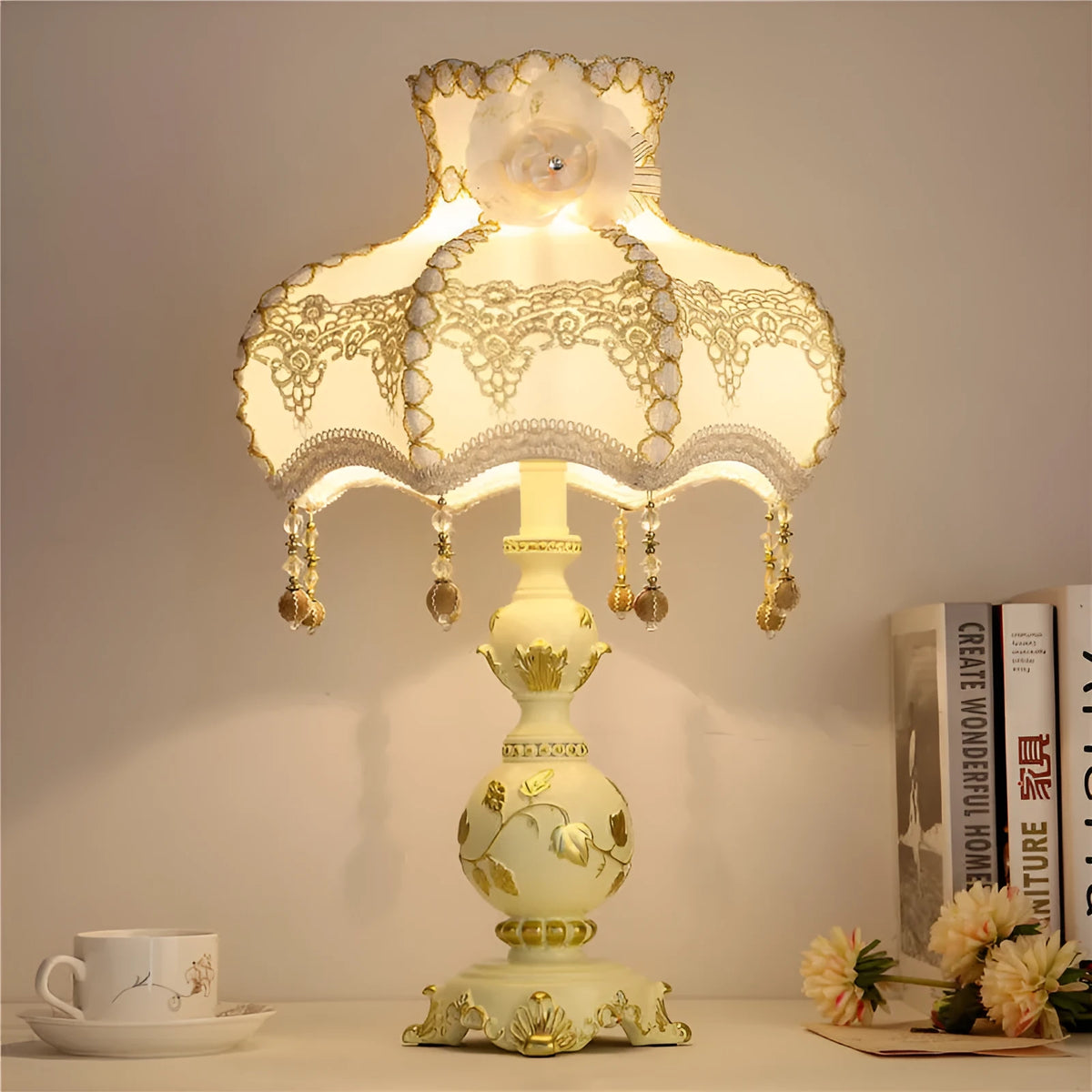 European-style bedroom table lamp with resin holder, three switch options, 220V, EU or US outlet