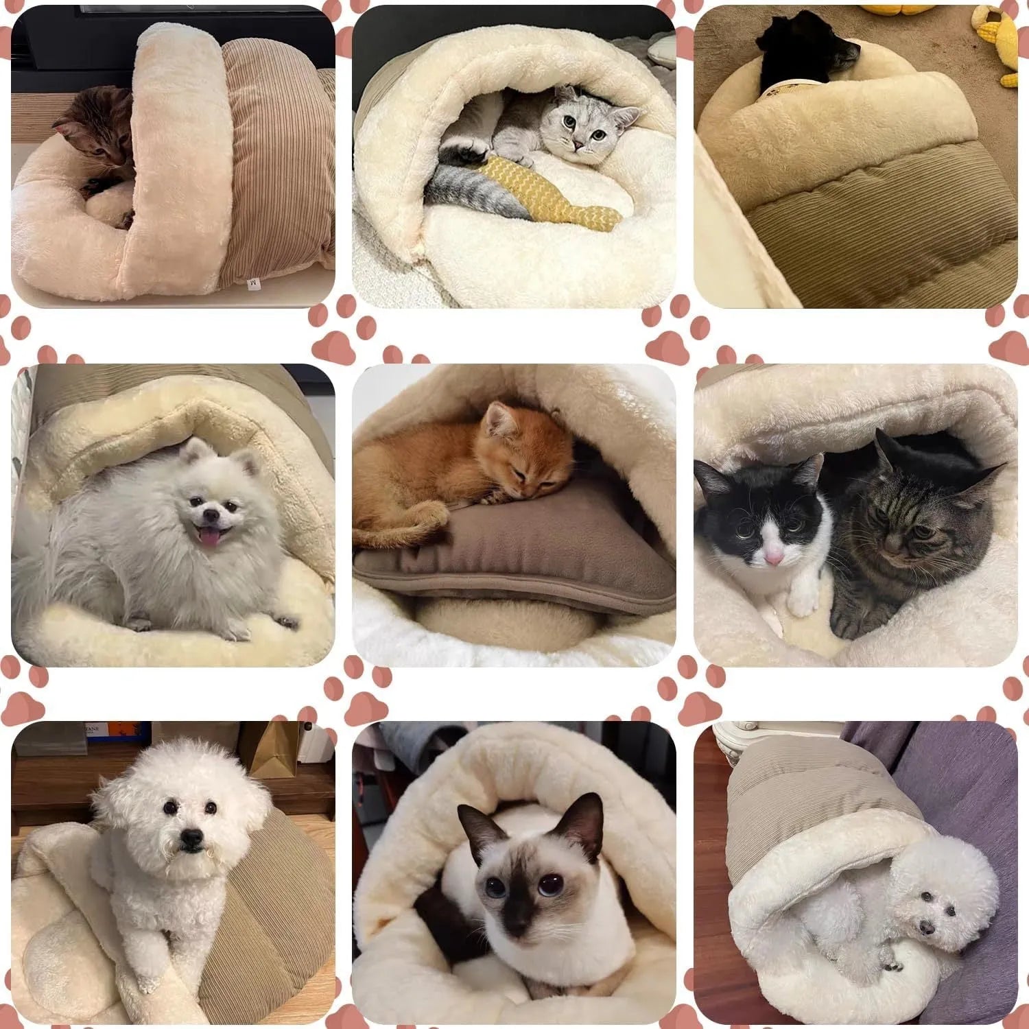 Grey corduroy slipper-shaped cat cave bed with plush interior, shown both as a closed hideout and opened as a flat lounging bed.