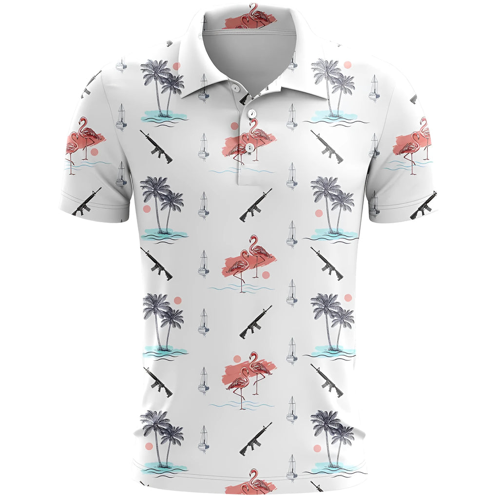 Man wearing a loose-fit 3D printed pattern short sleeve sports top in bird eye polyester fabric.