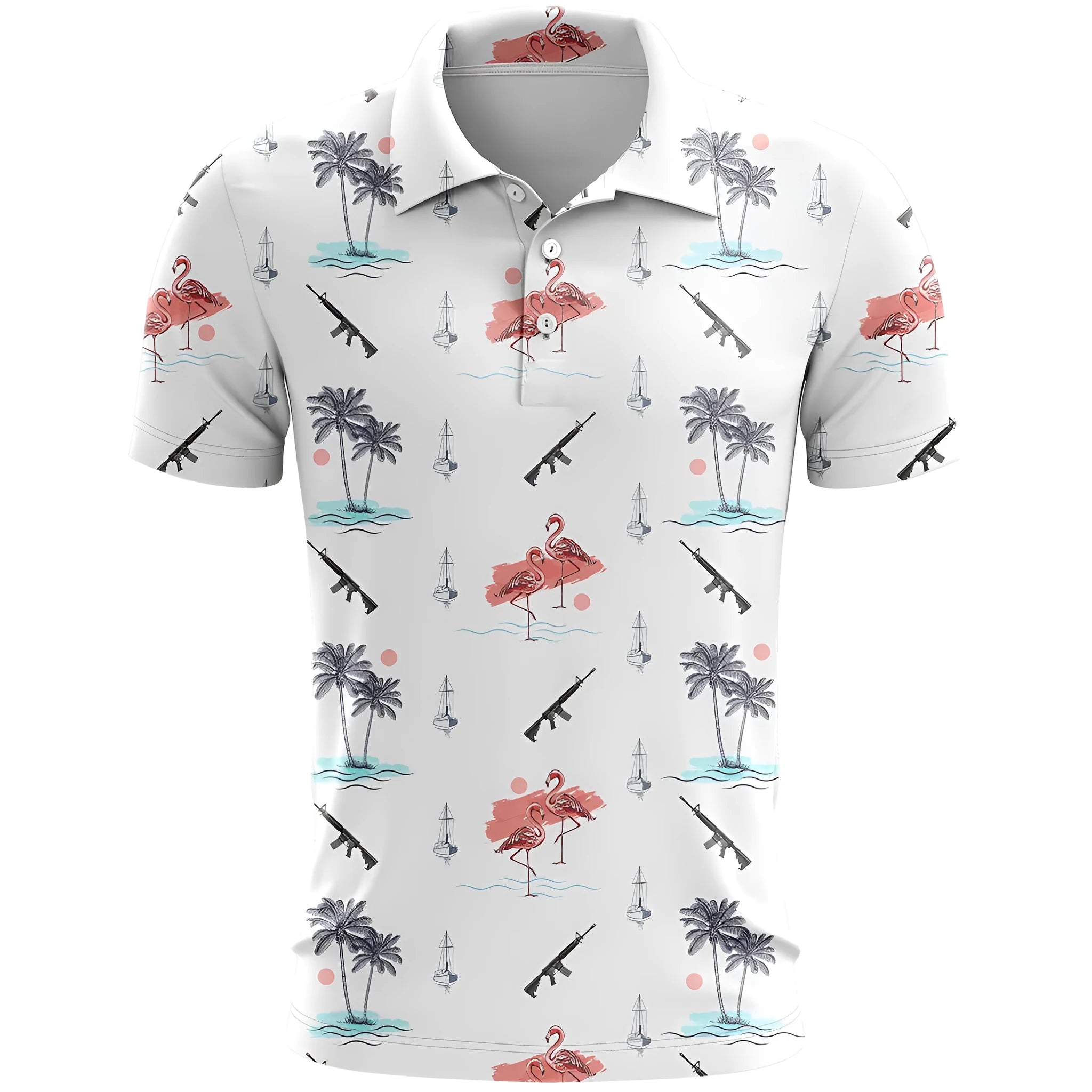 Man wearing a loose-fit 3D printed pattern short sleeve sports top in bird eye polyester fabric.