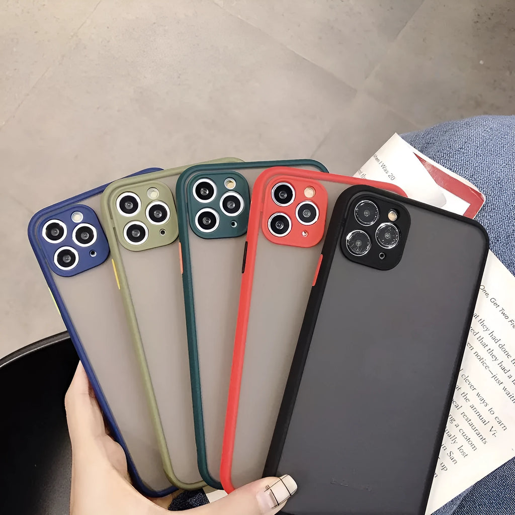 Solid colour silicone shockproof protective case for iPhone with transparent sleeve, shown in black.