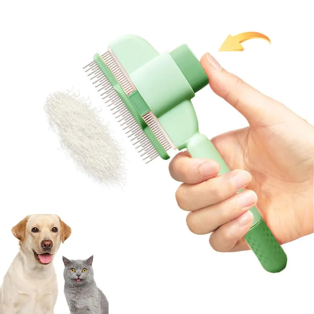 Yellow and green self-cleaning pet combs with stainless steel teeth on a white background