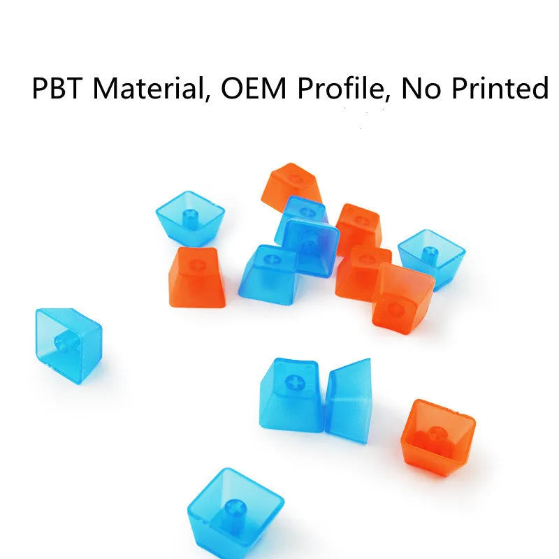 Set of 104 transparent PBT mechanical keyboard keycaps in orange, white, blue, and black colours.
