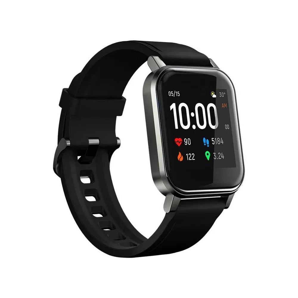 Black waterproof smart bracelet with 1.4 inch screen and silicone strap on a wrist