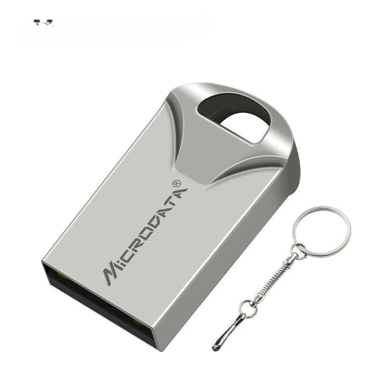 Silver car-shaped metal USB flash drive on a black lanyard chain.