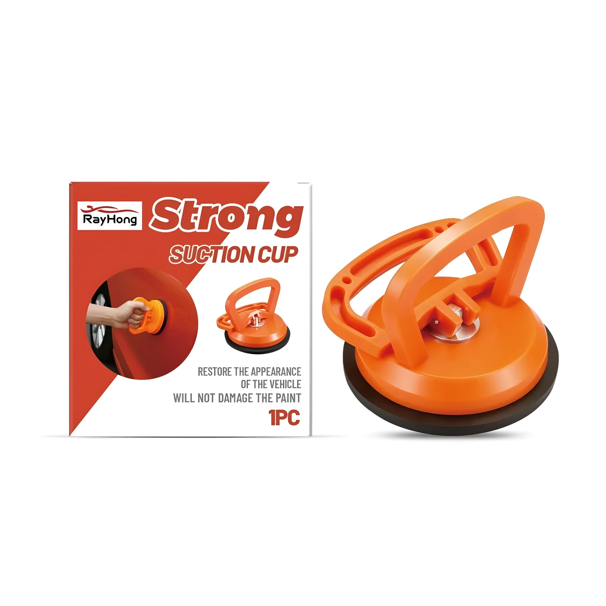 Strong suction cup puller tool with rubber cup and plastic handle for removing items from glass and tiles.