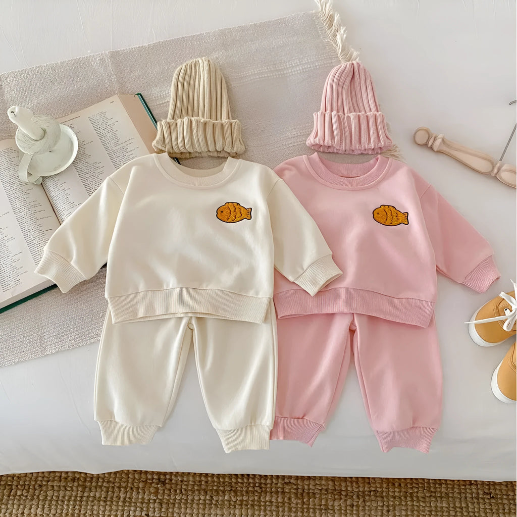 Baby cotton fish embroidered pullover top and ankle banded trousers set in light beige or pink, 73cm to 110cm