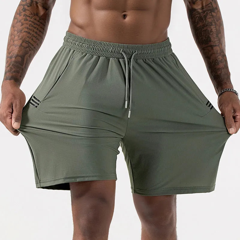 Men's black ice silk quick-drying sports shorts with drawstring waist and cropped length