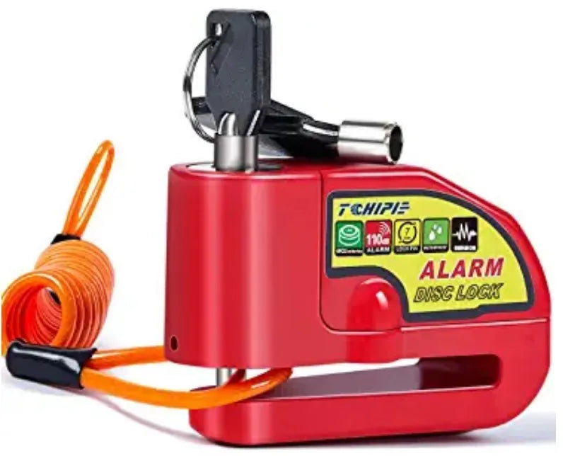 Steel bicycle disc brake alarm lock in black, red, and orange set, for mountain bikes.
