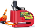 Steel bicycle disc brake alarm lock in black, red, and orange set, for mountain bikes.