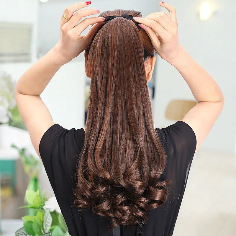 Ladies wig ponytail medium long hair high temperature wire 45CM length brown black colour