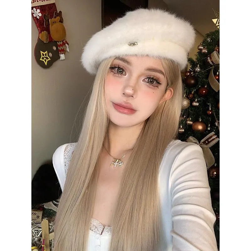 Milk tea blonde straight synthetic wig with hair net on display stand