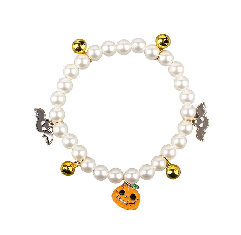 Halloween cat collar with simulated pearl necklace design in pumpkin pattern options