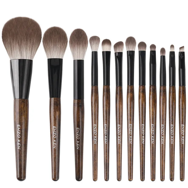 12-piece makeup brush set with wooden handles in protective PU brush bag