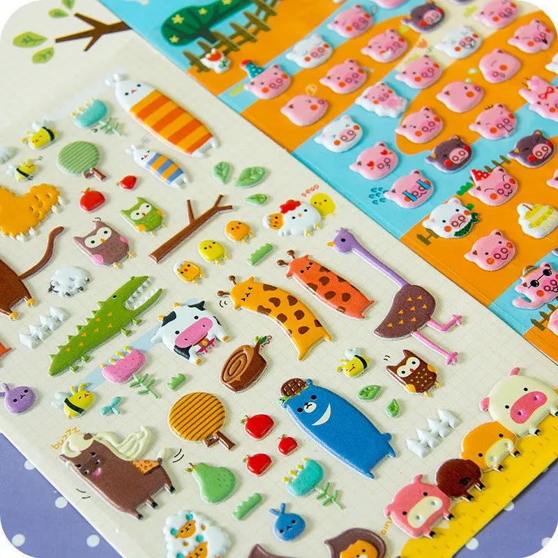 Cartoon three-dimensional bubble sticker set showing alpaca, forest animal and love theme designs for hand account decoration