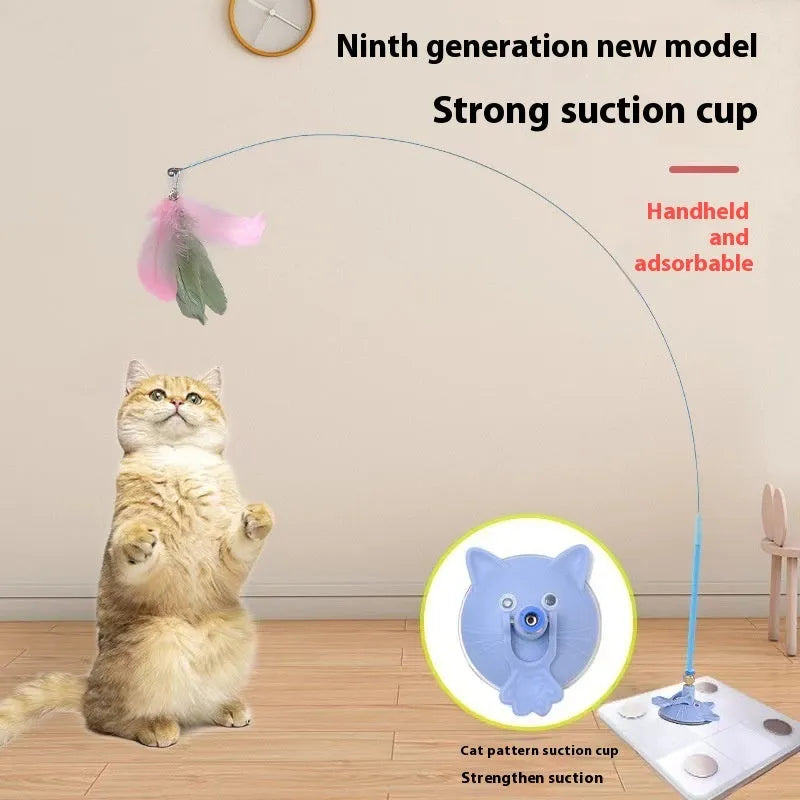 Cat teaser toy with suction cup base and long brush handle showing seven colourful attachments including cat faces and feathers