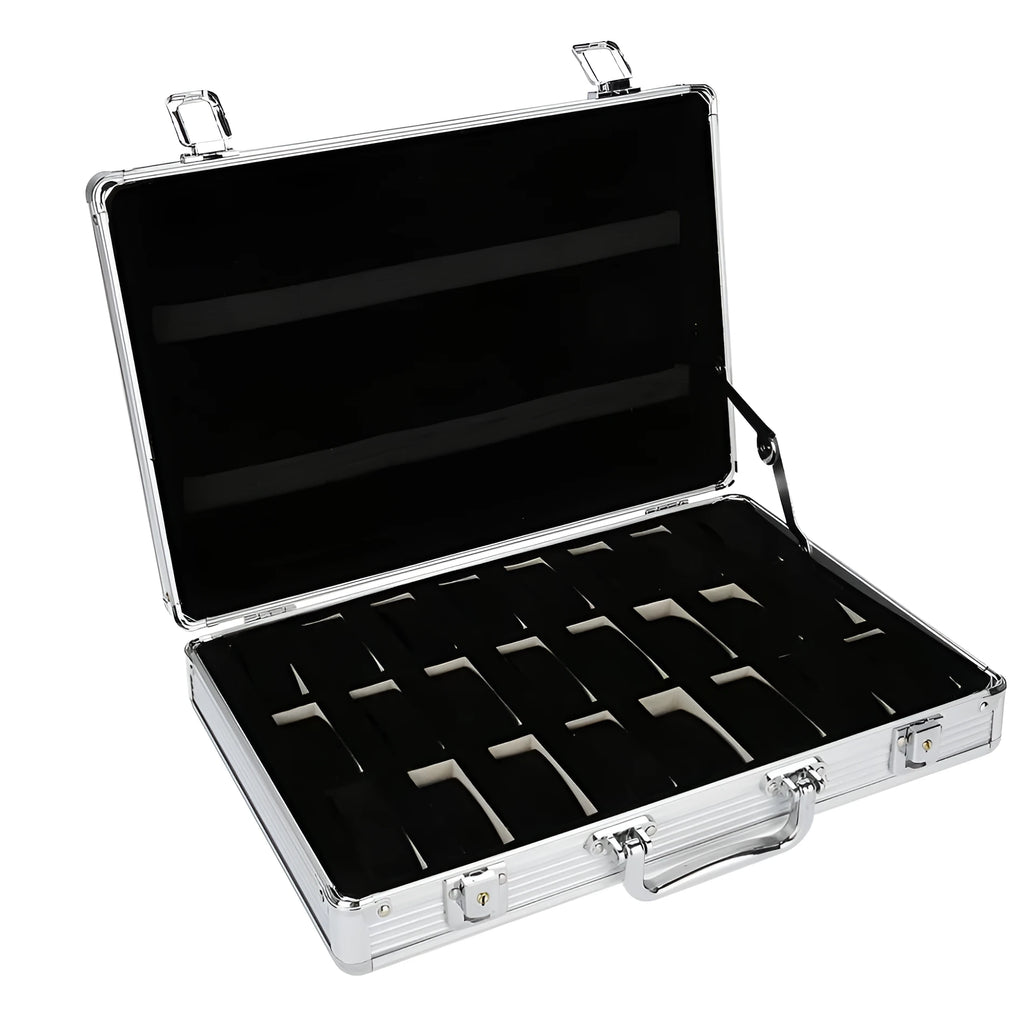 24-slot aluminium alloy watch display box in metal finish, portable size 38x26x8 cm