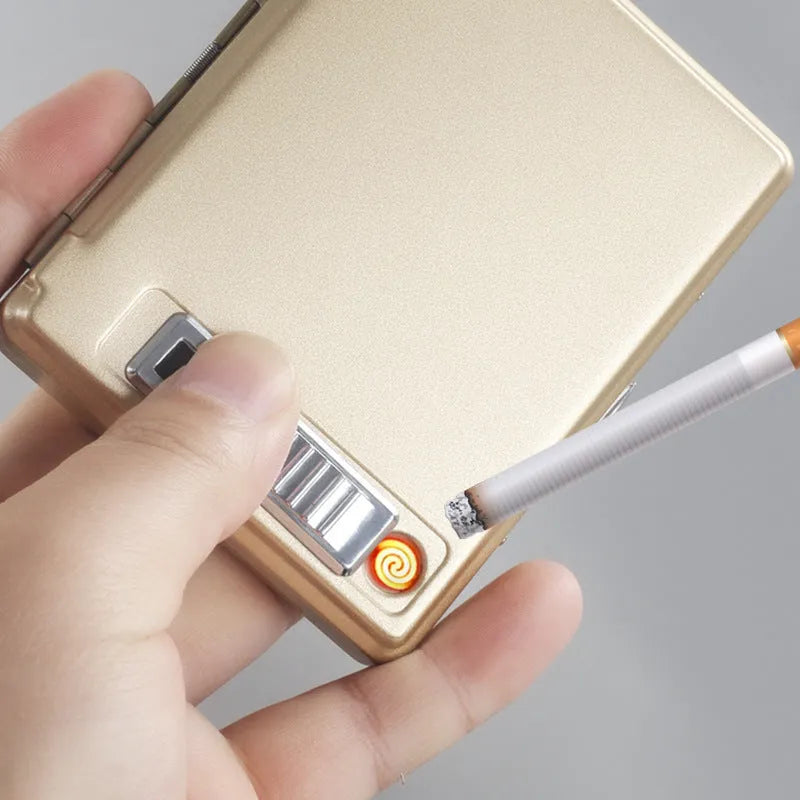 Classic flip charging cigarette case and lighter in metal, available in black gold and gray