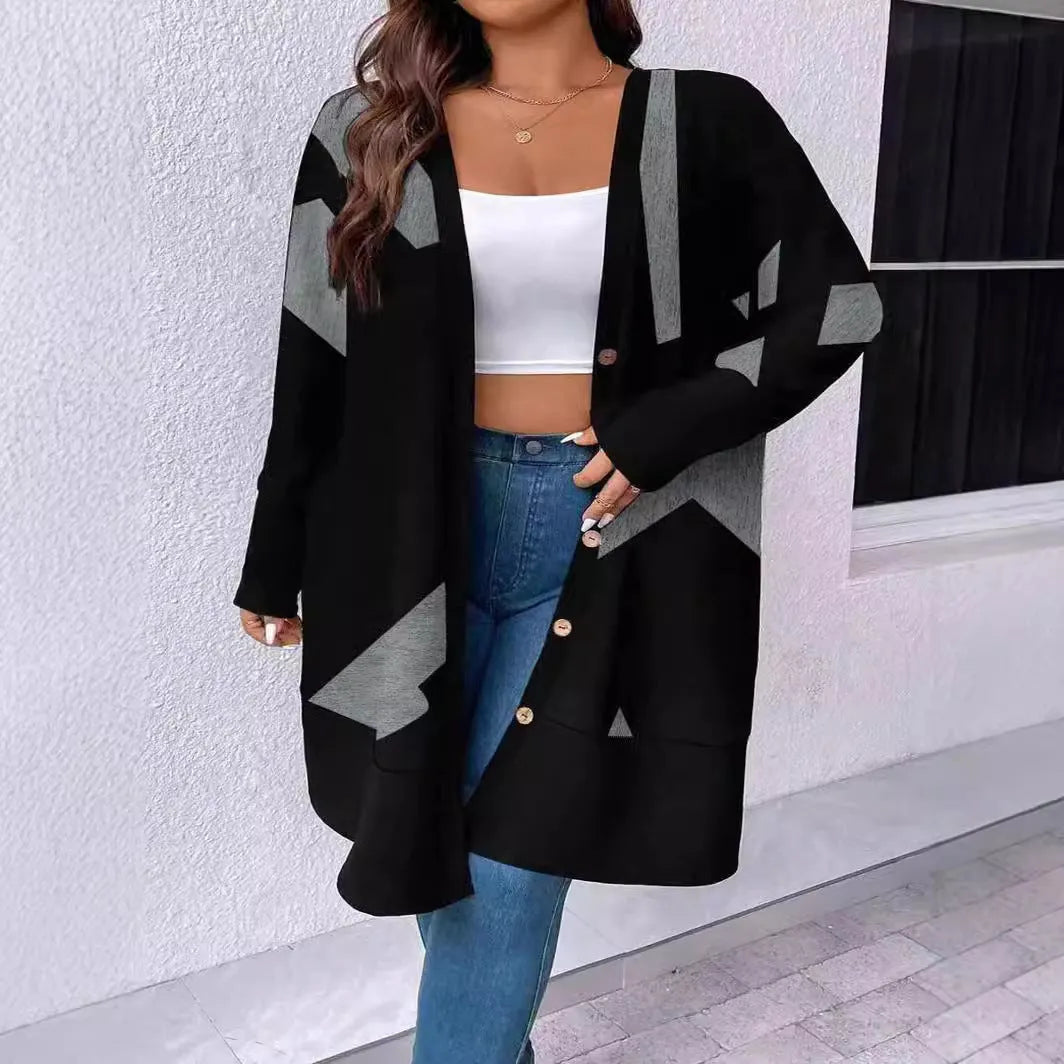 Black loose fit plus size cardigan coat with button stitching print detail