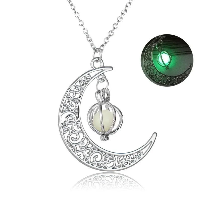 Luminous moon pendant necklace with copper charm, bamboo chain, 45+5cm adjustable length, glow in the dark, four colours