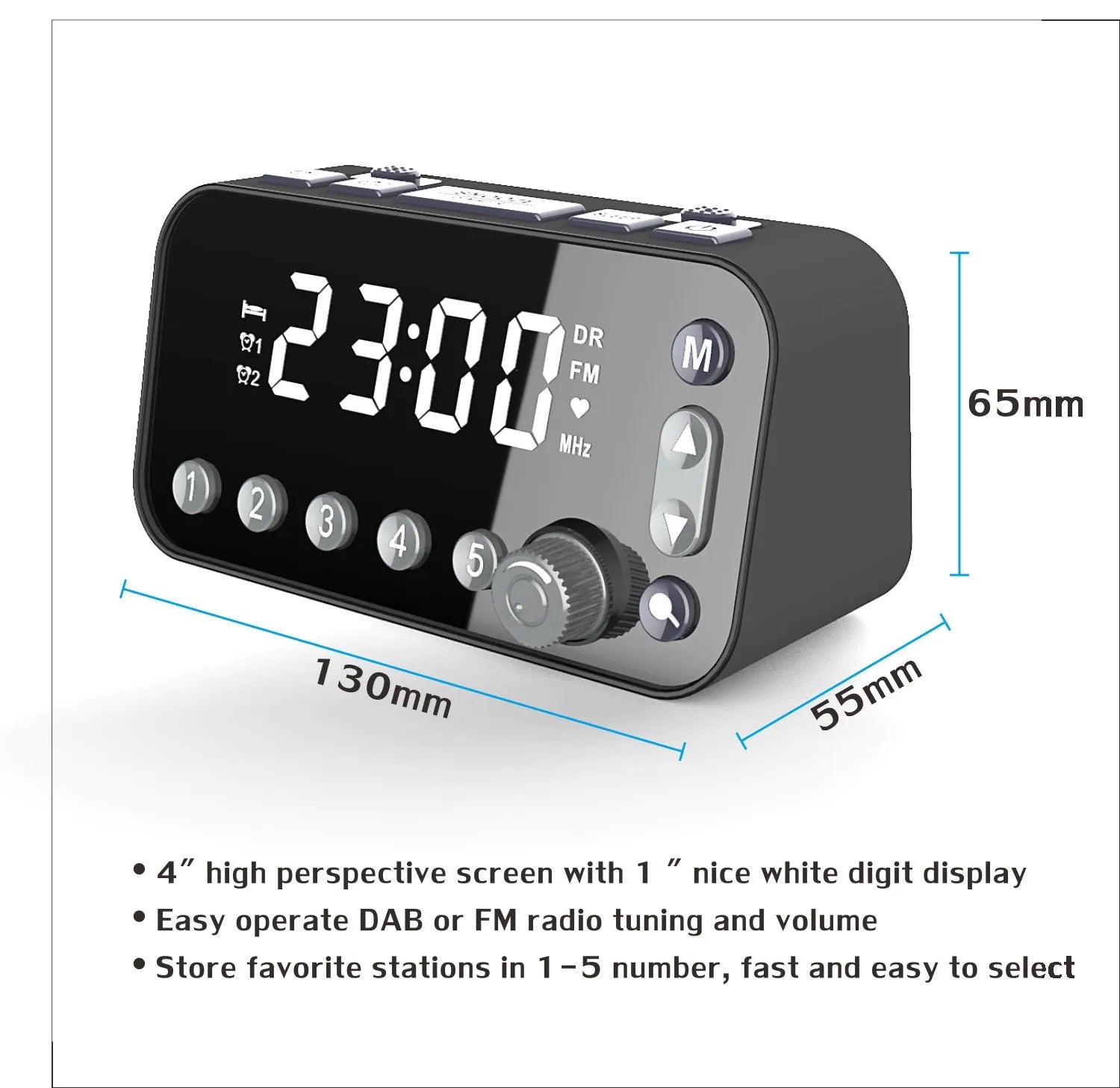Black DAB bedside alarm clock with large LED display, upgraded pig tail antenna, and two USB ports on the side.