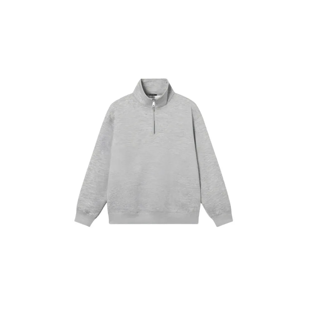 Grey half zip stand collar cotton sweater for men and women with long sleeves