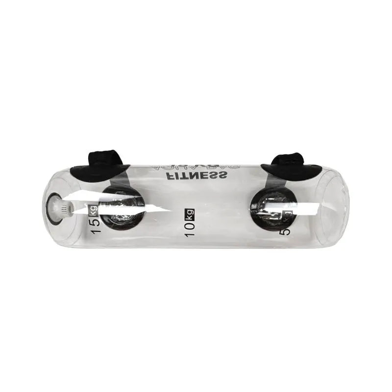 Transparent PVC inflatable water weight bag shown as a soft dumbbell shape for portable strength training.