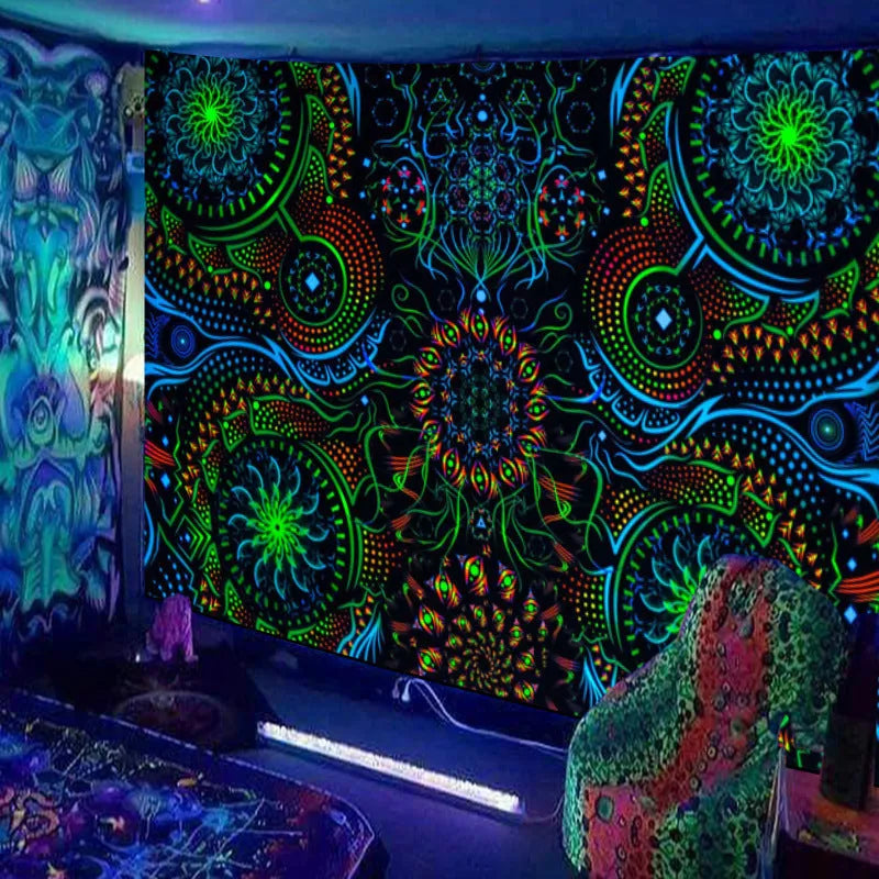 Fluorescent woven plush polyester tapestry with landscape pattern, available in 23 colours and multiple sizes