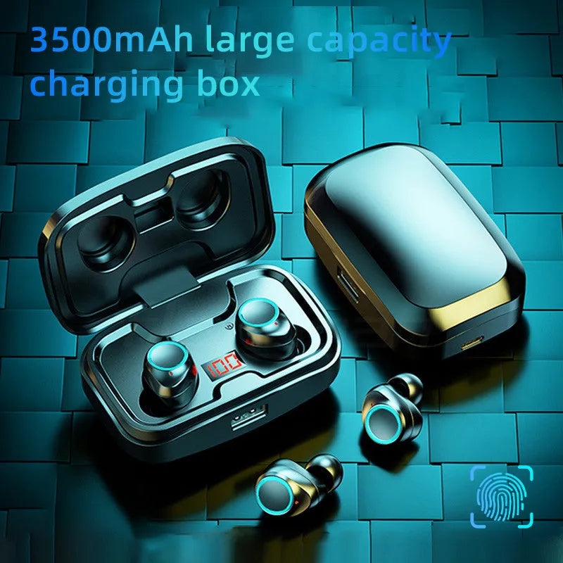Black Bluetooth gaming headset with charging case showing earpieces and accessories