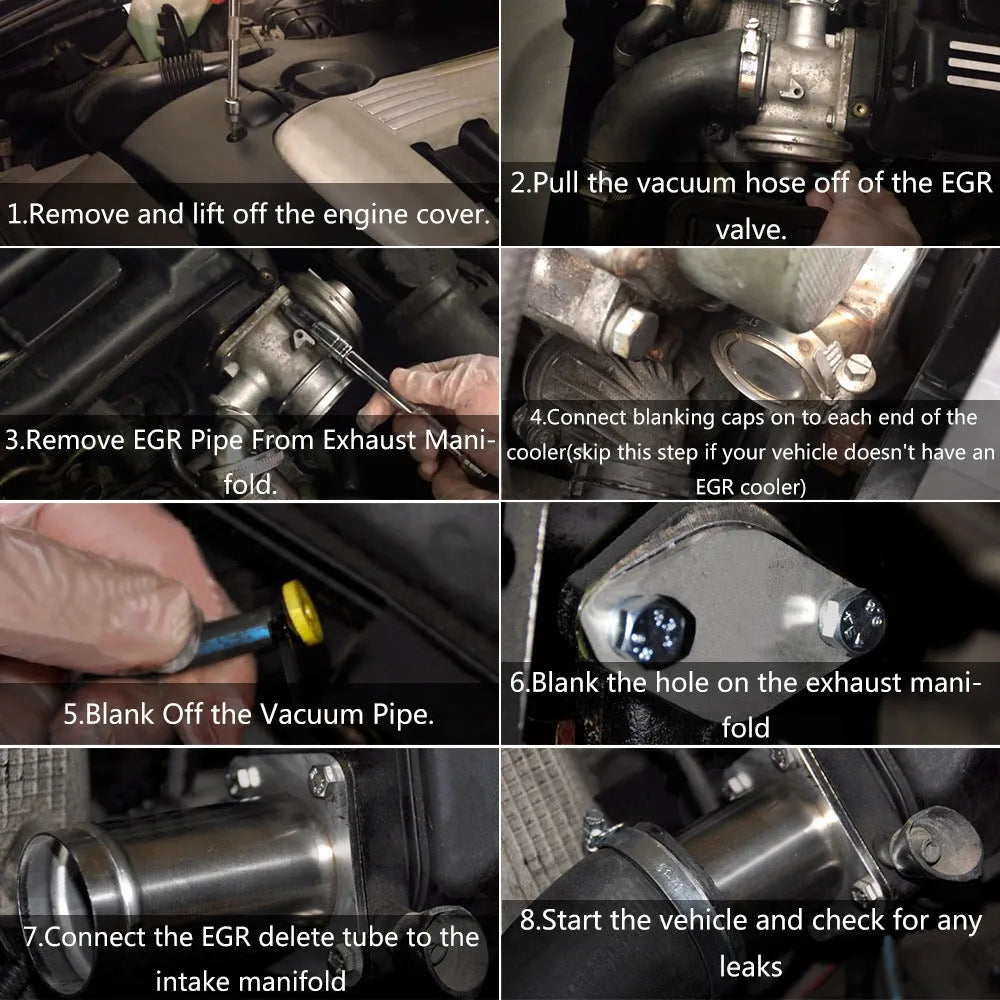 BMW E46 diesel EGR delete kit with black blanking plates, vacuum plug, and mounting hardware