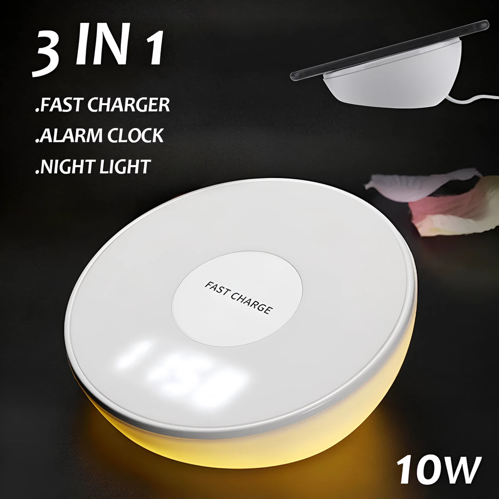 White smart wireless charger with digital clock display and three control buttons.