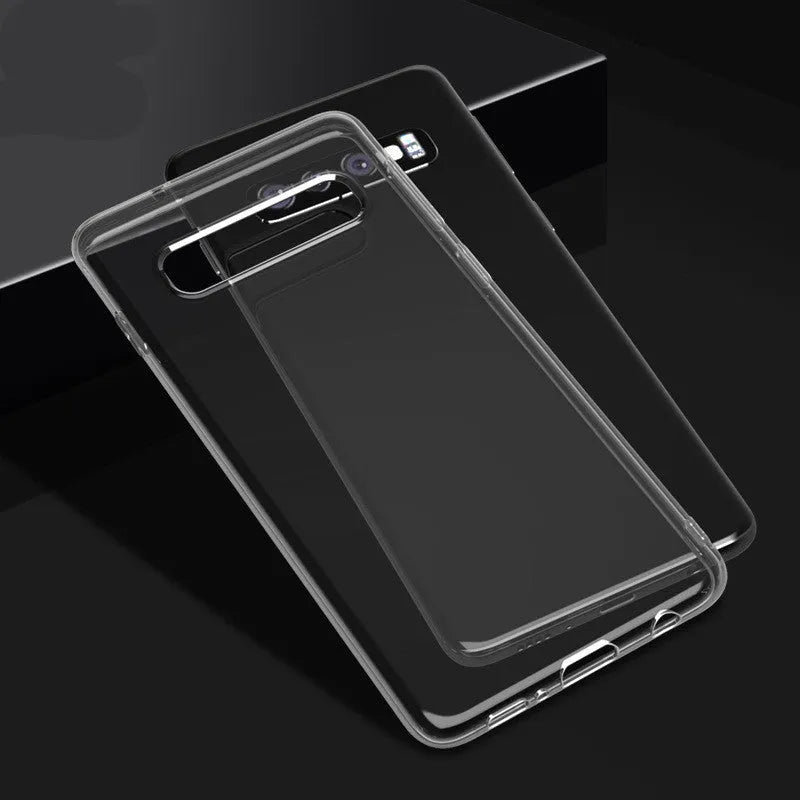 Transparent TPU back cover case for Samsung S10, S10e, and S10 Plus mobile phones.