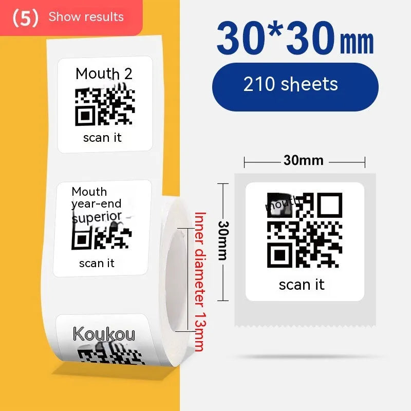 Roll of 40x40mm white thermosensitive paper labels with bright film coating for thermal printing