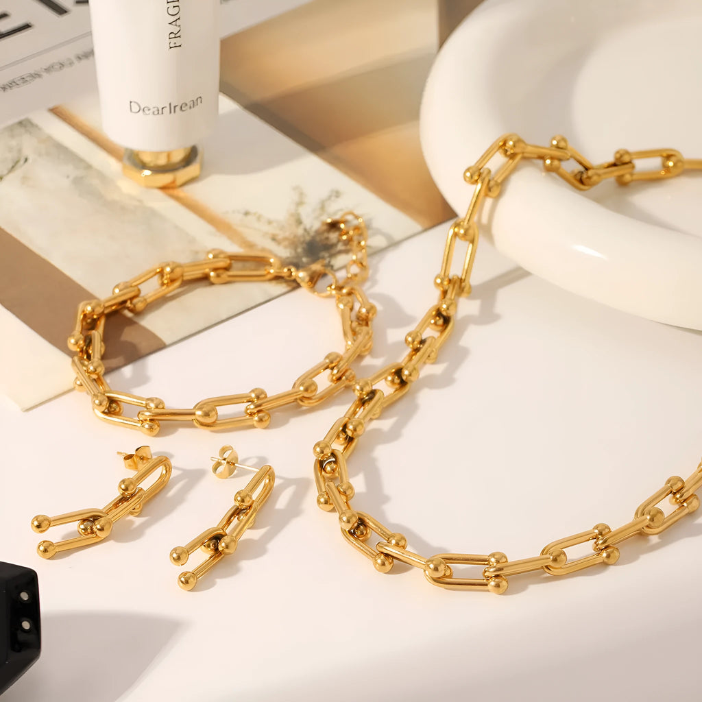 Stainless steel horseshoe charm necklace with matching bracelet and earrings set