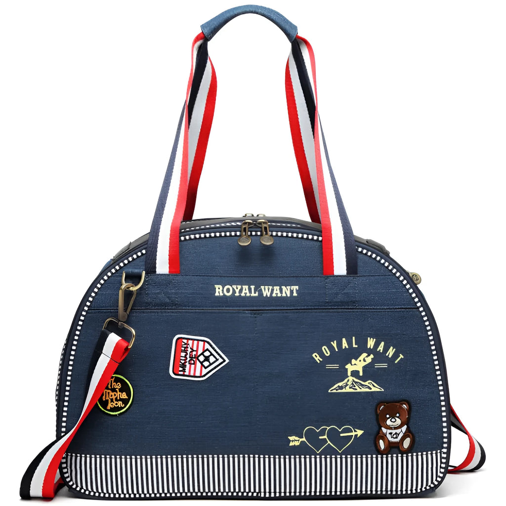 Blue denim Japanese style pet diaper bag with cartoon pattern measuring 43cm long