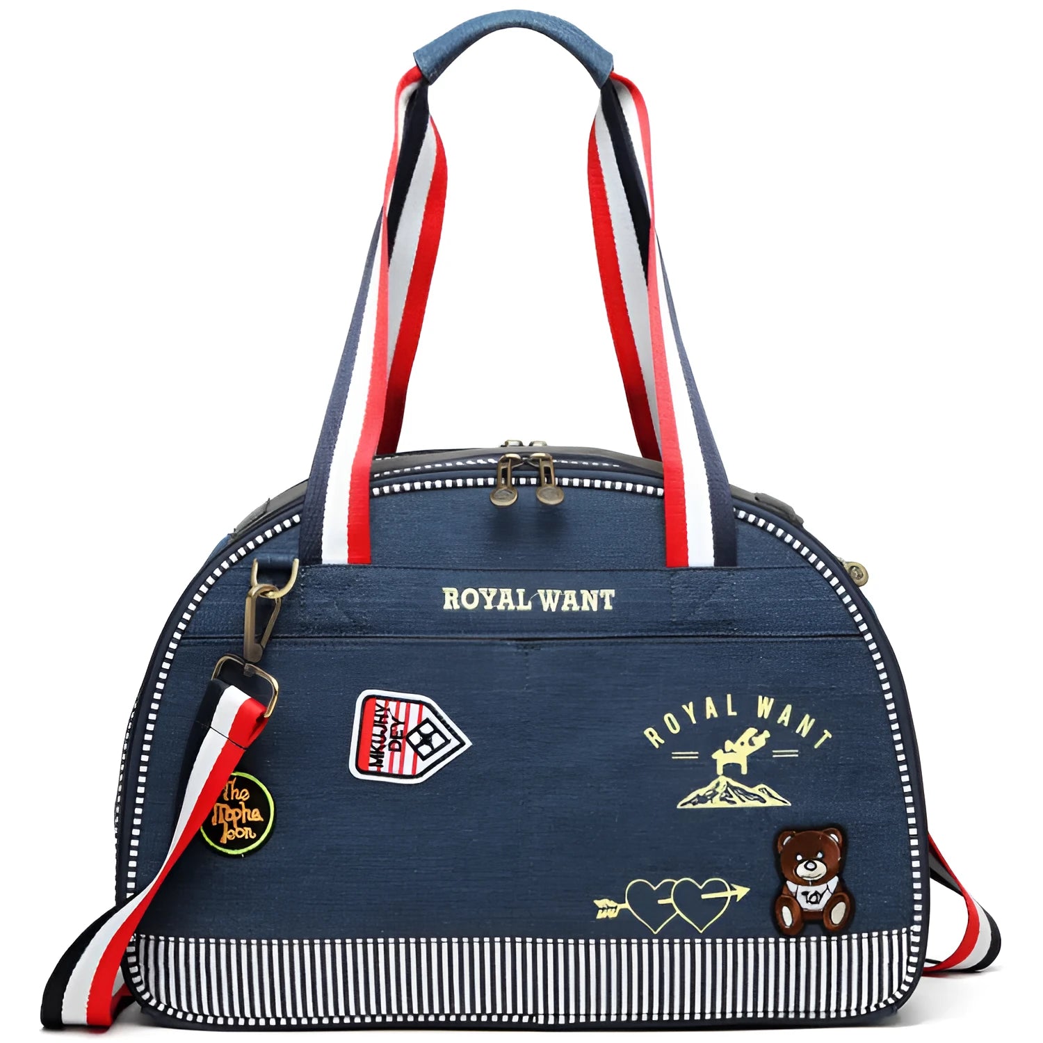 Blue denim Japanese style pet diaper bag with cartoon pattern measuring 43cm long