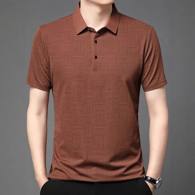 Men's slim fit lapel t-shirt in chemical fibre blend fabric showing lapel neckline detail