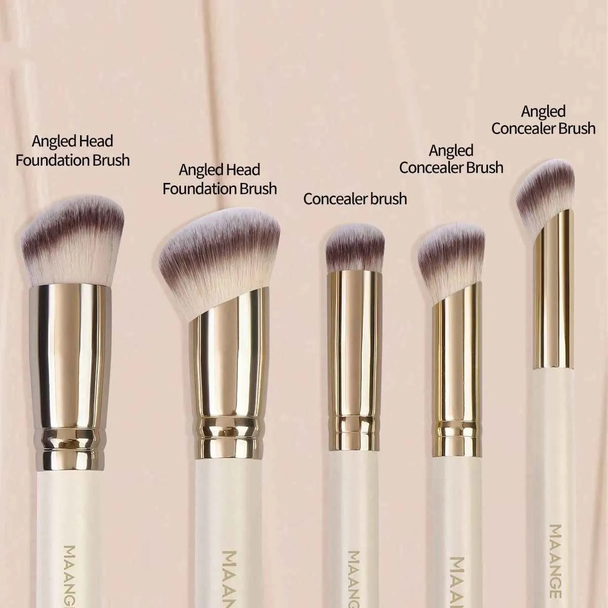 Apricot-coloured angled synthetic makeup brush from a five-piece MAANGE set for blush and powder application.