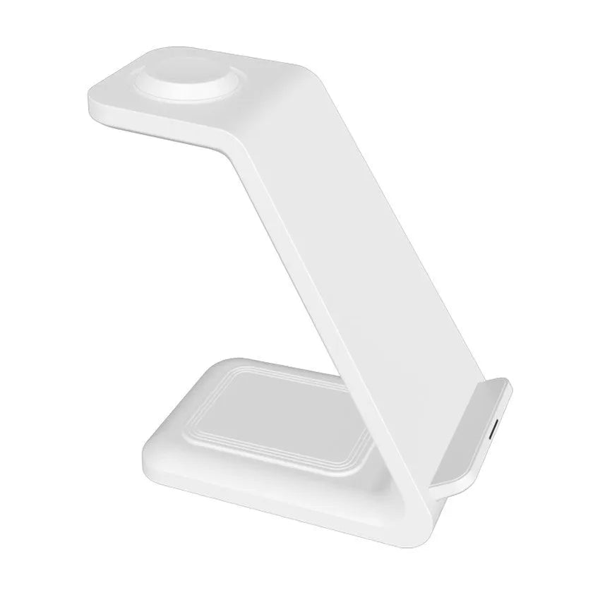 White 3-in-1 upright wireless charging stand holding a mobile phone, with a Type-C cable.