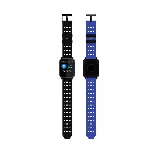 A6 smart bracelet with colour screen and silicone strap in blue, black, or orange on a wrist