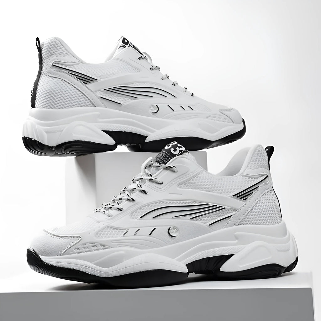 Breathable mesh casual tennis shoes with hidden elevator height increase in black with white stripes