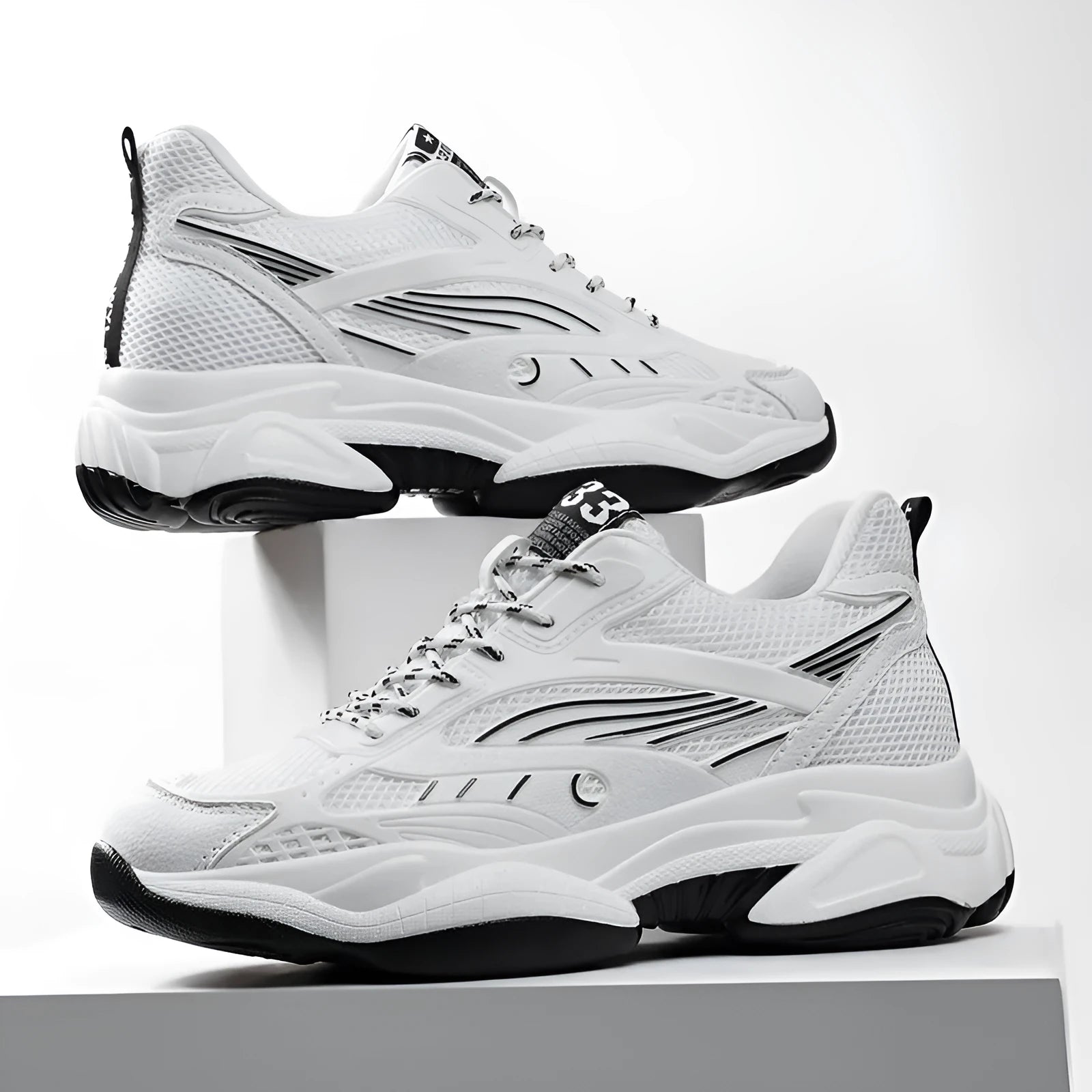 Breathable mesh casual tennis shoes with hidden elevator height increase in black with white stripes