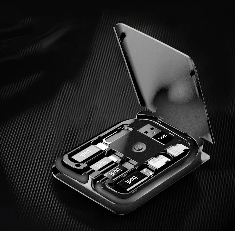 Black multi-function data line conversion card with wireless charging option and card slots