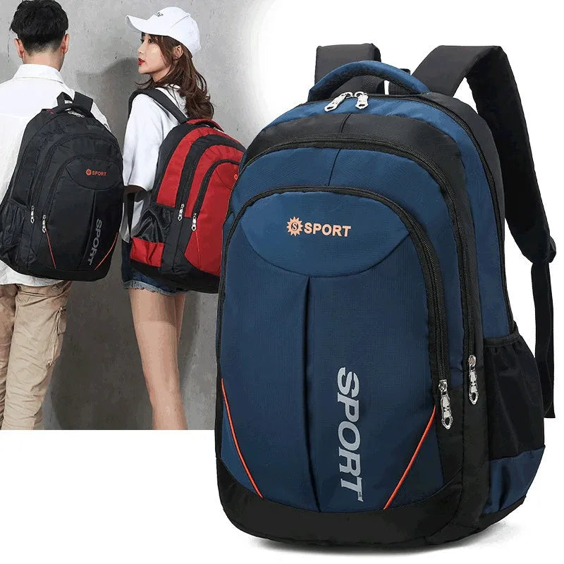 Nylon backpack with curved shoulder straps shown in red colour with letter detailing