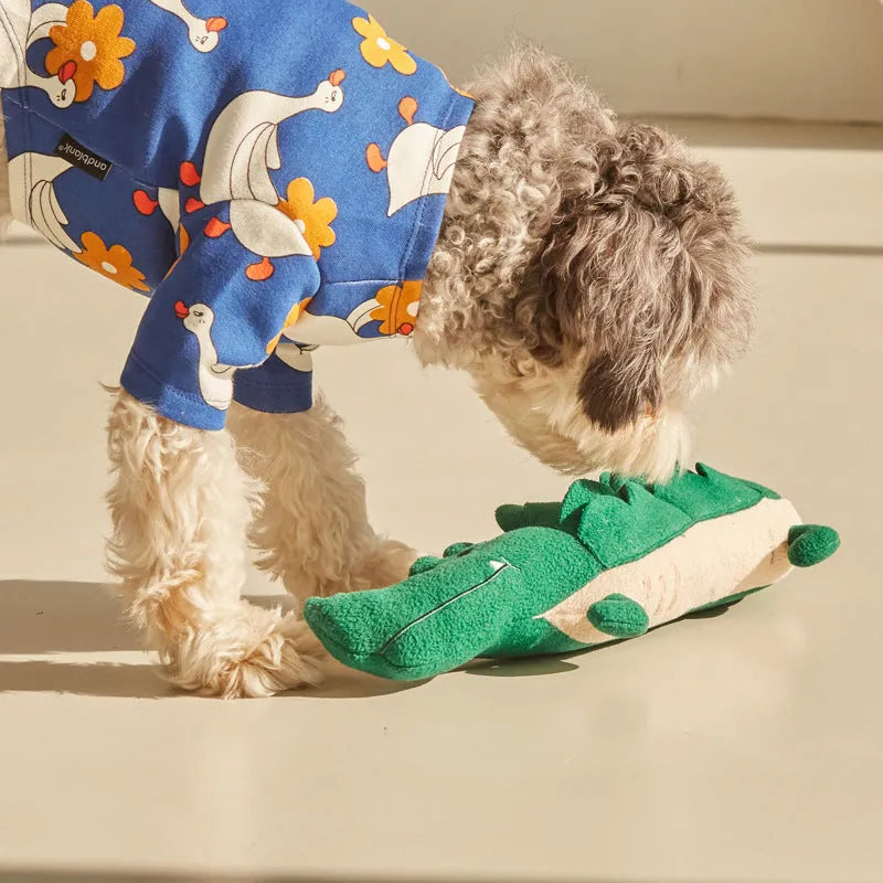 Green durable plush toy dog interactive pet toy measuring 35cm by 18cm