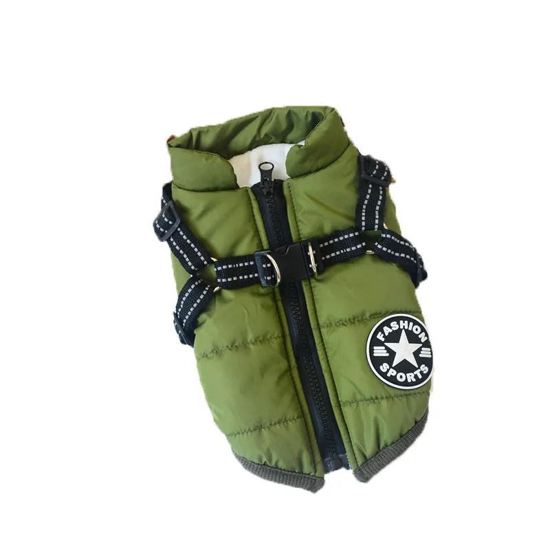 Small dog wearing a waterproof reflective coat with zipper and adjustable strap, available in multiple colours and nine sizes